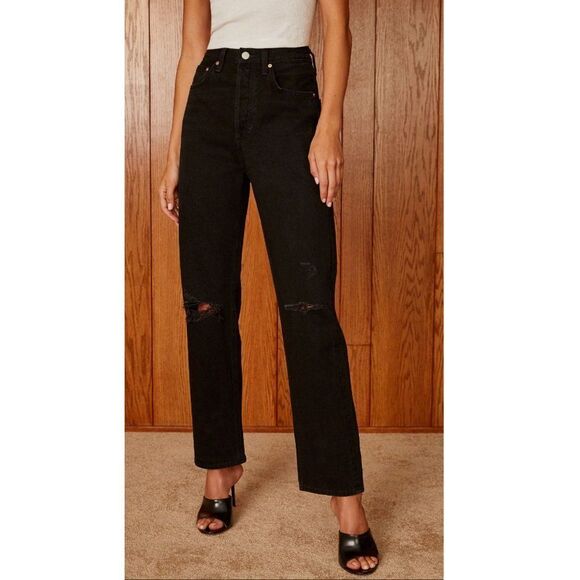 Aritzia Denim Forum The Joni High Rise Loose Distressed Jeans Black Women's 27 - Picture 1 of 11